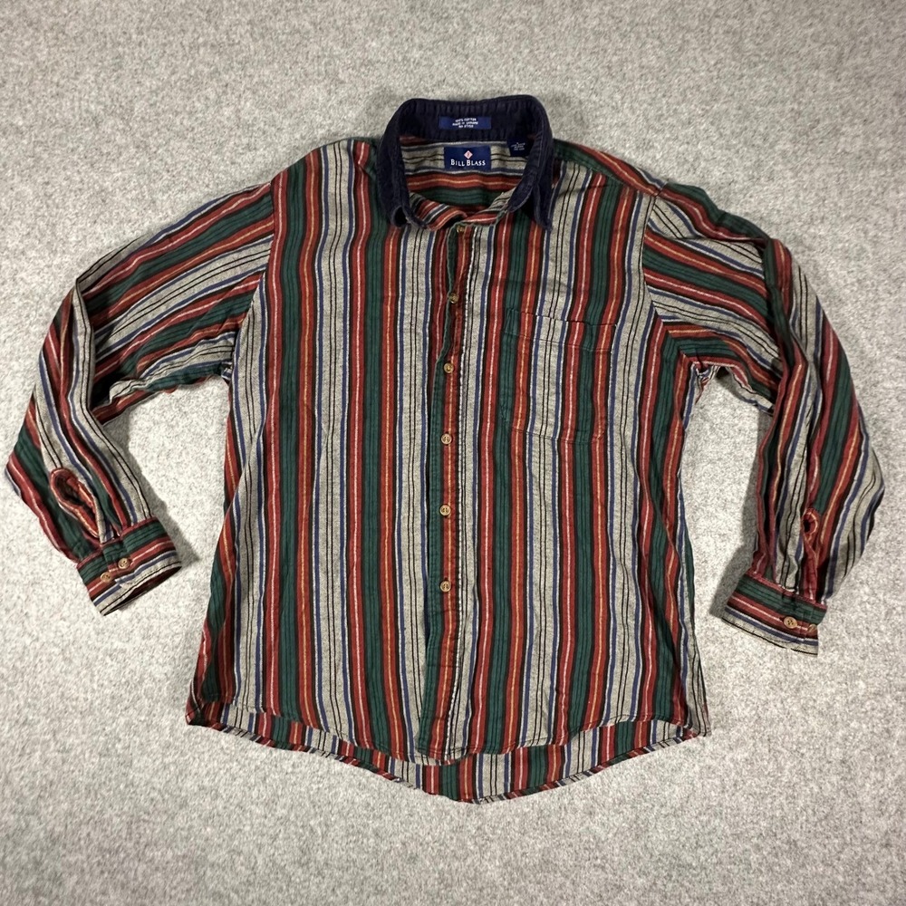 Bill Blass Button Down Shirt Large Multicolor Mens Striped Corduroy Collar